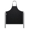 A black canvas apron featuring a front pocket and ties at the waist. It has a logo in the design.