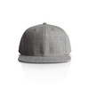 A grey cap with a flat brim and a logo on the front, designed for headwear.