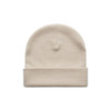 A cream-coloured cuff beanie with a simple, rolled cuff design and a logo.