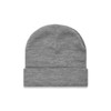 A grey cuff beanie with a folded brim, featuring a logo on the side. Suitable for headwear.