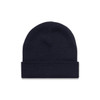 A dark navy cuff beanie with a simple design and a rolled hem. The beanie has a logo on it.