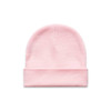 A pink Cuff Beanie with a folded cuff and a smooth texture. Features a subtle logo.