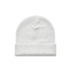 A grey cuff beanie with a folded brim, featuring a logo on the side.