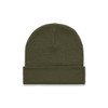 An olive green cuff beanie with a ribbed texture, featuring a folded brim. It includes a logo on the side.
