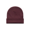 A maroon cuff beanie with a rolled hem. It features a simple design and a logo on the side.