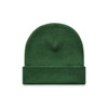 A green cuff beanie with a simple design, featuring a folded brim and a knitted texture.