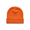 An orange cuff beanie with a smooth texture and a folded hem, featuring a branding logo.