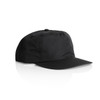 A black cap with a curved brim and a logo on the front, showcasing a sleek design.