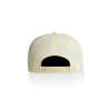 A pale yellow cap featuring a logo on the back with an adjustable strap.