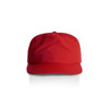 A red cap with a curved brim and a logo on the front. The cap features a structured design.