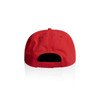 A red cap featuring an adjustable strap at the back and a branded logo.