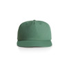 A green cap with a rounded peak and an adjustable strap, featuring a logo on the front.
