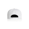 A white cap with a flat brim and adjustable strap at the back, featuring a logo.