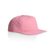 A pink cap featuring a structured design and a logo on the front, ideal for headwear.