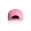 A pink cap with a snapback closure and a plain design, featuring a logo on the back.