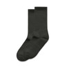 A pair of dark grey socks, featuring a smooth texture and ribbed pattern, presented side by side.