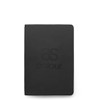 A black notebook with a smooth finish and an embossed logo on the front cover.