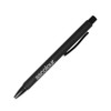 A black plastic pen with a sleek design and a logo. It features a clip for easy attachment.