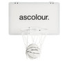 A mini basketball set featuring a white backboard, hoop, and a basketball with black detailing.