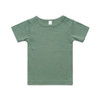 A green organic cotton infant t-shirt featuring a crew neck and snap buttons on the shoulder.