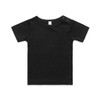 A black infant t-shirt with short sleeves and snap buttons at the shoulder. Includes a branding logo.
