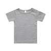 A grey infant t-shirt with short sleeves and a button detail on the shoulder, featuring a branding logo.
