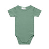 A green organic infant one-piece with short sleeves and snap closures at the bottom. It has a small logo.