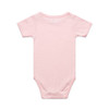 A light pink organic infant one-piece with short sleeves and a snap closure at the bottom. Features a logo.