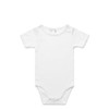 A white organic infant one-piece with short sleeves and a snap closure at the bottom. It features a logo tag.