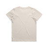 A beige kids' staple tee, featuring a simple crew neckline and short sleeves, with a logo on the back.