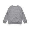 A grey jumper with a simple design, featuring long sleeves and ribbed cuffs and hem. It has a logo on the back.