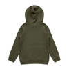 A green hoodie featuring a kangaroo pocket and a hood, with a plain back. It includes a logo on the label.