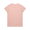 A light pink T-shirt with a round neck and short sleeves, featuring a plain back and a branding logo.