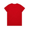 A red T-shirt featuring a plain design and a logo on the back.