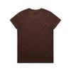 A brown t-shirt with short sleeves and a plain back. It features a logo on the back.