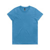A blue t-shirt with a crew neck and short sleeves, featuring a branding label.