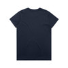 A navy blue T-shirt with a simple design and a logo. The back view shows a smooth, plain surface.