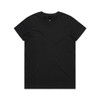 A black T-shirt featuring a round neckline and short sleeves, with a brand logo inside the collar.