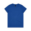 A blue T-shirt featuring a simple design and a logo on the label.