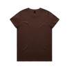 A brown T-shirt laid flat, featuring a simple design and a label at the neckline.