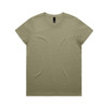 A plain olive green T-shirt with short sleeves and a round neckline, featuring a logo on the label.