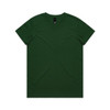 A green T-shirt with a crew neck and short sleeves, featuring a logo on the inner label.