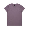 A purple t-shirt featuring a crew neck design and a label on the inside neckline.
