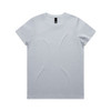 A light grey T-shirt with a round neckline and short sleeves, featuring a logo on the label.