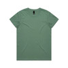 A green t-shirt with a regular fit, featuring a simple design and a logo on the tag.