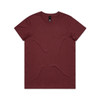A maroon T-shirt with a crew neck and short sleeves, featuring a logo at the neckline.
