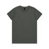 A plain dark grey t-shirt with a round neckline and short sleeves, featuring a logo on the label.