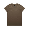 A brown t-shirt with a round neck and short sleeves, featuring a logo on the label.