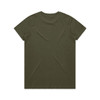 An olive green T-shirt with a classic crew neckline and short sleeves, featuring a logo on the back.
