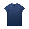 A blue t-shirt with a round neckline and short sleeves, featuring a simple design and a logo.